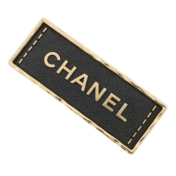 Chanel AB Chanel Gold with Black Gold Plated Metal and Leather Logo Plate Brooch France