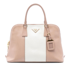 Prada B Prada Pink Light Pink with Brown Beige Saffiano Leather Medium Bicolor Lux Promenade Satchel Italy