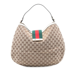 Gucci B Gucci Brown Beige with White Canvas Fabric Large GG Web New Ladies Hobo Italy