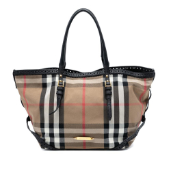 Burberry B Burberry Brown Light Brown with Black Canvas Fabric Small House Check Bridle Salisbury Tote Italy