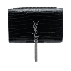 Saint Laurent AB Saint Laurent Black Calf Leather Medium Croc Embossed Kate Tassel Crossbody Italy