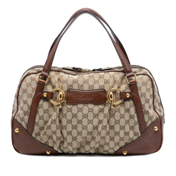 Gucci B Gucci Brown Beige Canvas Fabric GG Jockey Boston Bag Italy