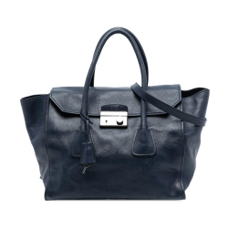 Prada B Prada Blue Navy Calf Leather Glace Sound Lock Satchel Italy