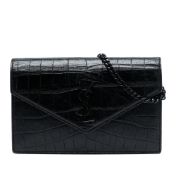 Saint Laurent AB Saint Laurent Black Calf Leather Croc Embossed Monogram Monochrome Envelope Chain Wallet Italy