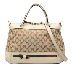 Gucci B Gucci Brown Beige with White Canvas Fabric GG Web Mayfair Satchel Italy