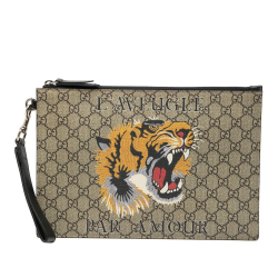 Gucci B Gucci Brown Coated Canvas Fabric GG Supreme Tiger Clutch Italy
