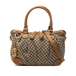 Gucci B Gucci Brown Beige Canvas Fabric Diamante Sukey Satchel Italy