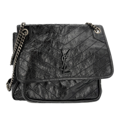 Saint Laurent Niki Large Chevron Quilted Vintage Calf Leather 2-Ways Flap Shoulder Bag Black