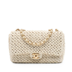 Chanel B Chanel Brown Light Beige Raffia Natural Material Medium Classic Crochet Single Flap Italy