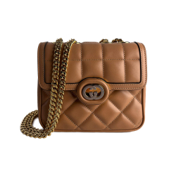Gucci Deco Mini Leather Matelassé Flap Crossbody Dark Beige