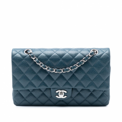 Chanel Classic Double Flap Medium Caviar Leather Matelassè Shoulder Bag Blue