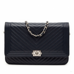 Chanel Boy Lambskin Leather Chevron Wallet on Chain Crossbody Blue