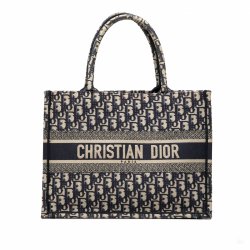 Christian Dior Book Tote Medium Canvas Embroidery Handbag Oblique Blue