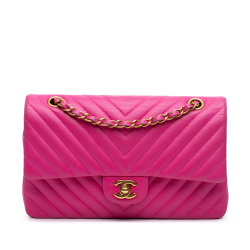 Chanel Classic Double Flap Medium Lambskin Leather Chevron Shoulder Bag Pink