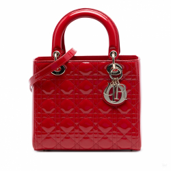 Christian Dior Lady Dior Medium Patent Leather Zip Cannage Tote Handbag Red
