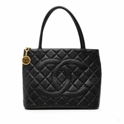 Chanel Vintage Medallion Caviar Leather Quilted Tote Handbag Black