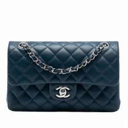 Chanel Classic Double Flap Small Lambskin Leather Matelassè Shoulder Bag Blue