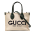 Gucci AB Gucci Brown Beige with Green Canvas Fabric Medium Logo Tote Italy