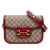 Gucci B Gucci Brown Beige with Red Coated Canvas Fabric Medium GG Supreme Horsebit 1955 Shoulder Bag Italy