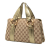 Gucci B Gucci Brown Beige Canvas Fabric GG Metal Bamboo Handbag Italy