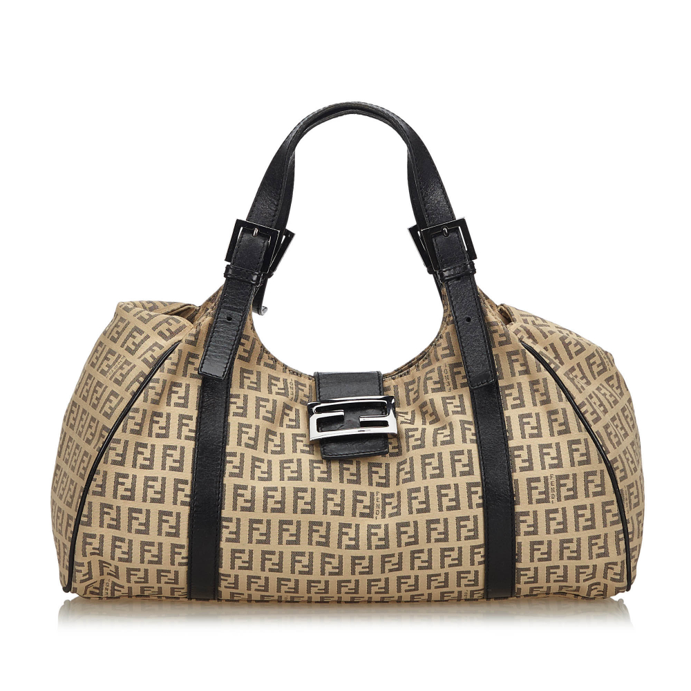 Fendi B Fendi Brown Beige with Black Canvas Fabric Zucchino Shoulder Bag Italy