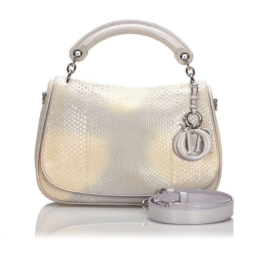 Christian Dior B Dior Gray Light Gray with White Ivory Python Leather Leather Two-Tone Dune Satchel France