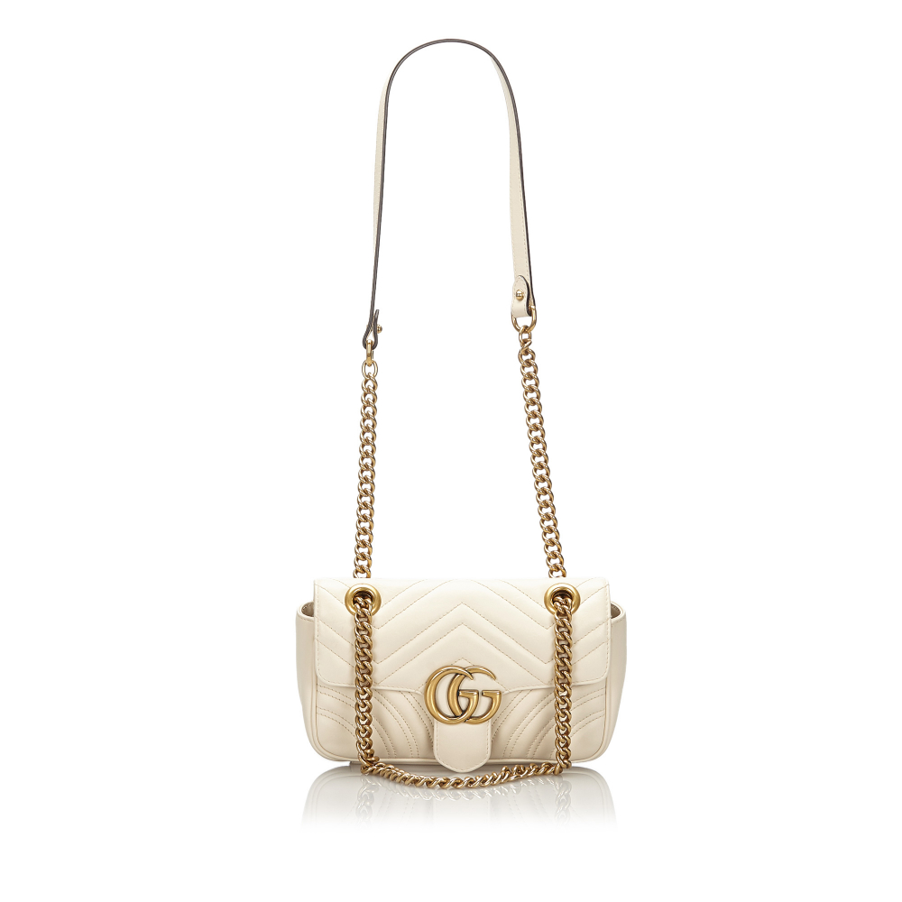 Gucci A Gucci White with Gold Leather Quilted Marmont Crossbody Bag Italy