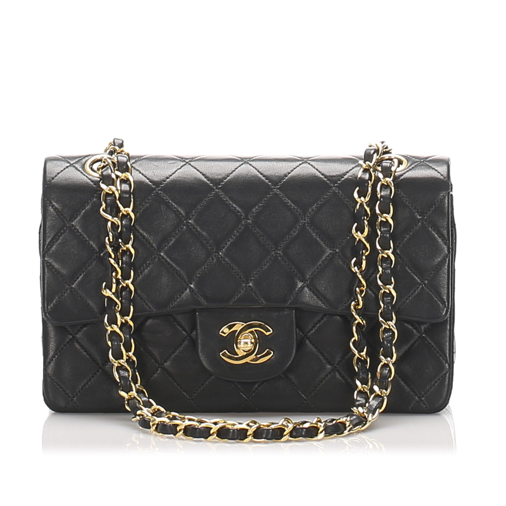AUTH Vintage CHANEL Chocolate Black Patent White Lambskin Classic