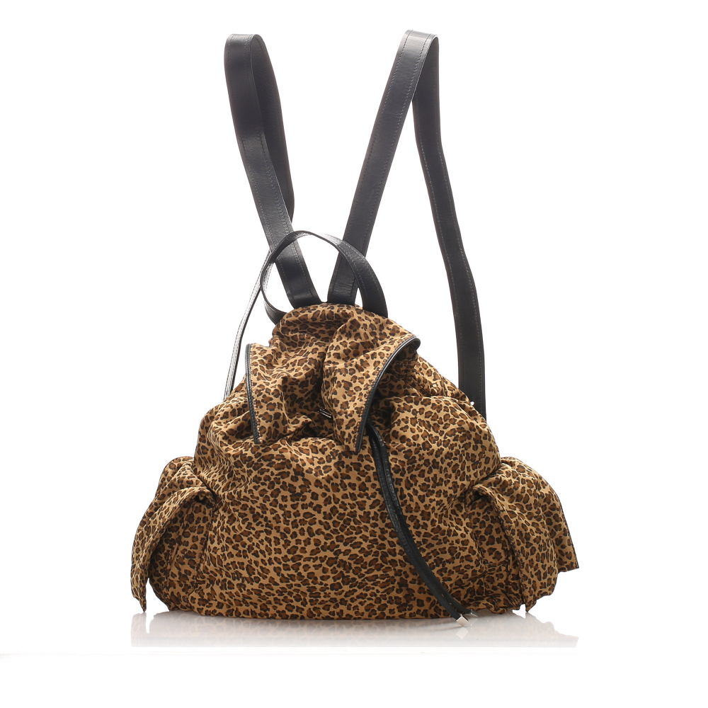 Bottega Veneta B Bottega Veneta Brown with Black Nylon Fabric Leopard Print Backpack Italy