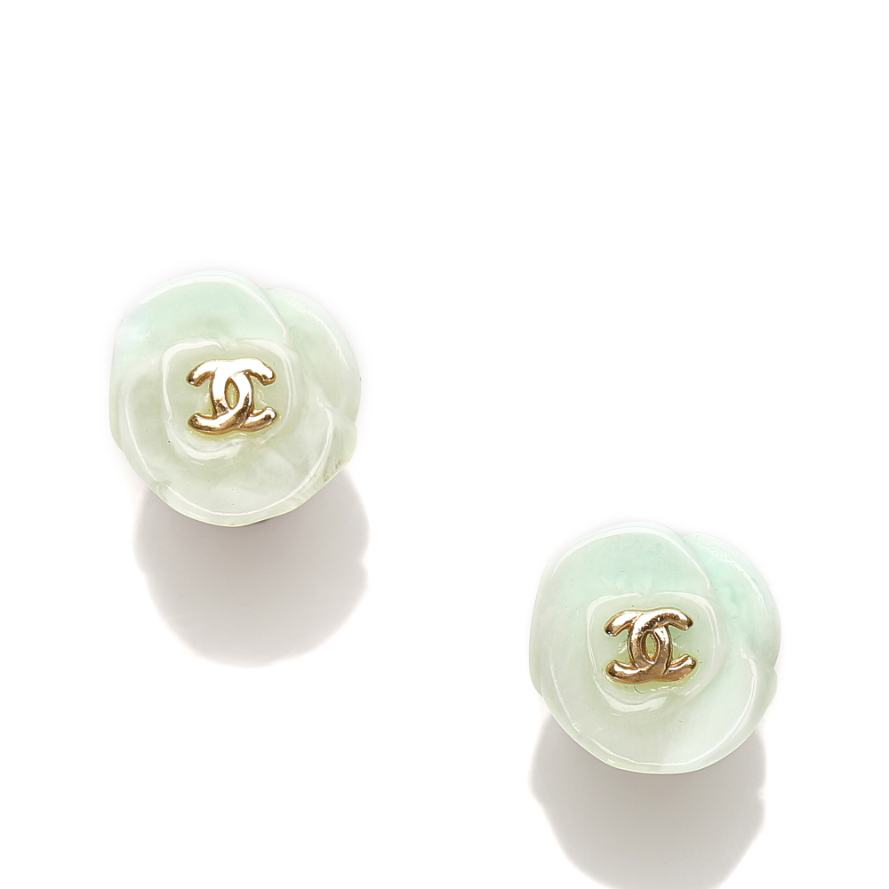 B Chanel White with Gold Resin Plastic CC Camellia Earrings France