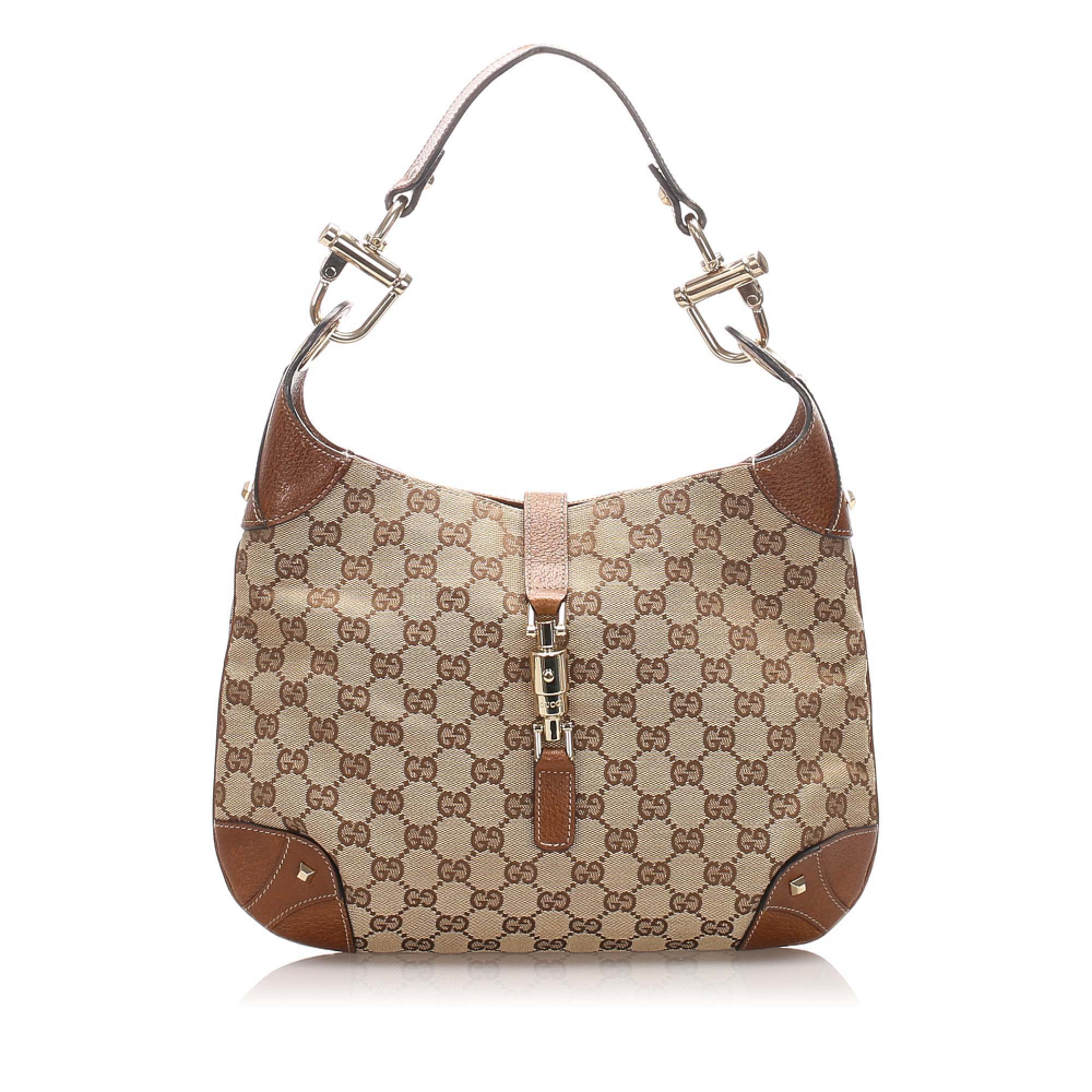Gucci B Gucci Brown Beige Canvas Fabric GG Nailhead New Jackie Shoulder Bag Italy