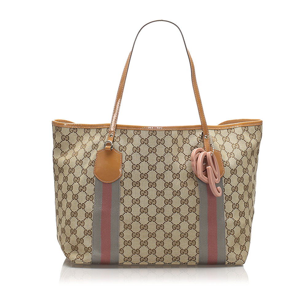 Gucci B Gucci Brown Beige with Multi Canvas Fabric GG Web Jolie Tote Bag Italy