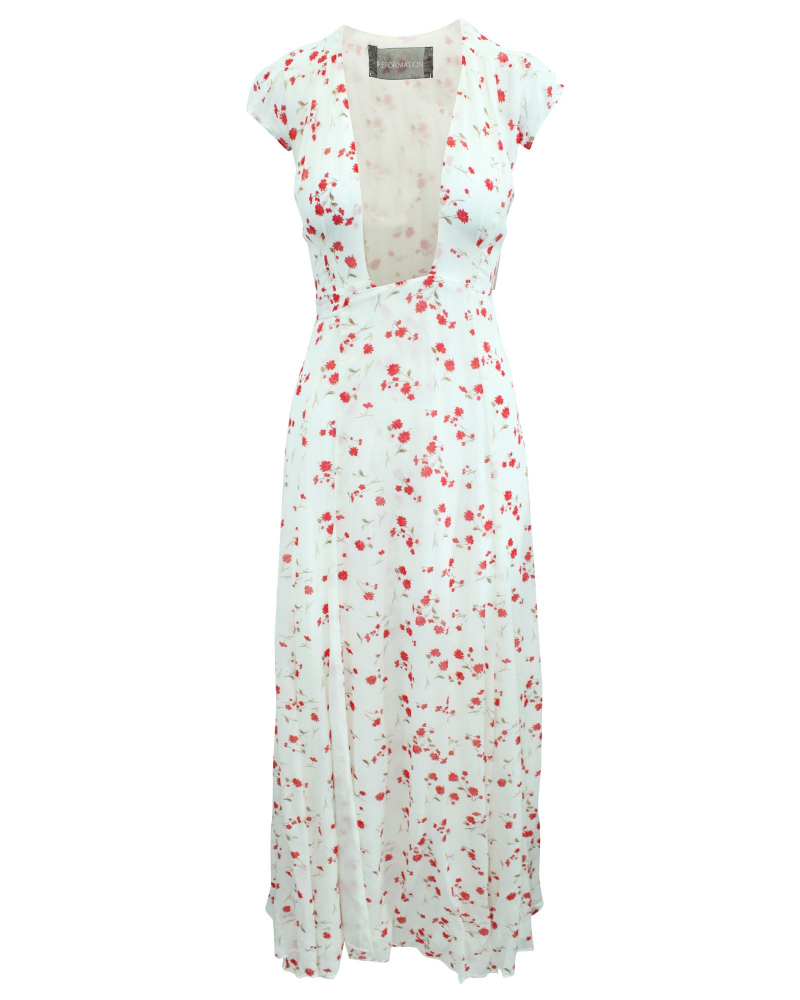 Reformation White Maxi Dress with Red Floral Print