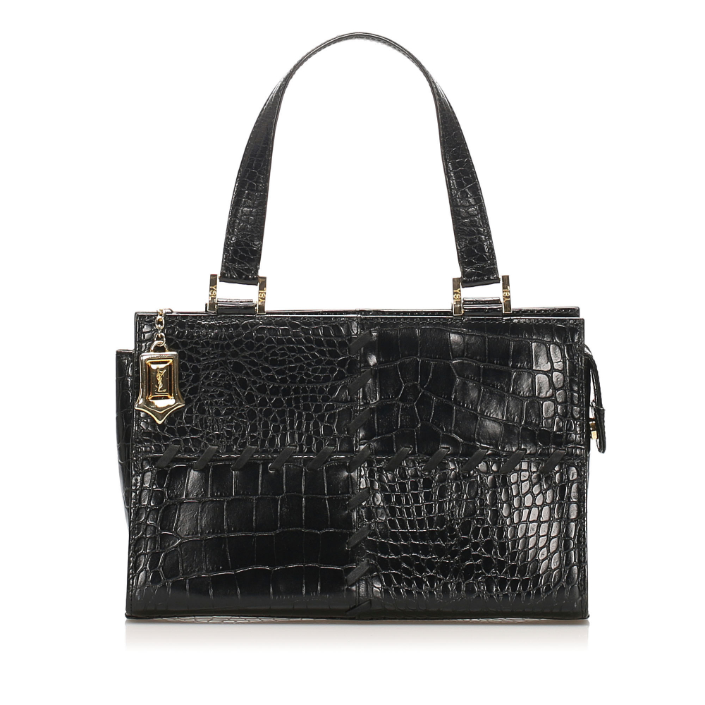 Saint Laurent B YSL Black Calf Leather Croc Embossed Handbag France