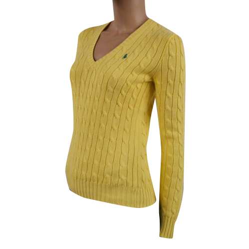Ralph Lauren Mustard Cable Knit V-Neck Sweater Navy Pony