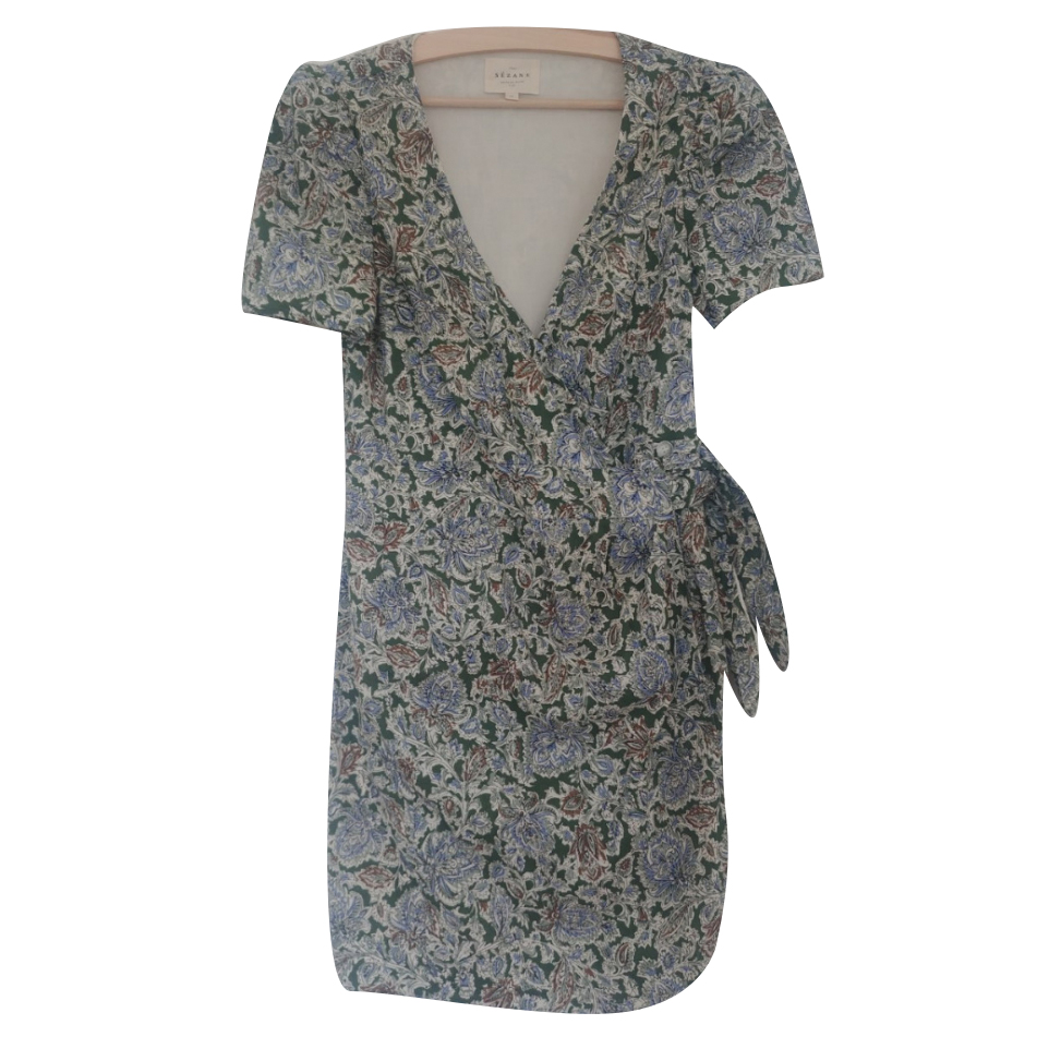Sézane Robe d'été portefeuille -motif vert et bleu