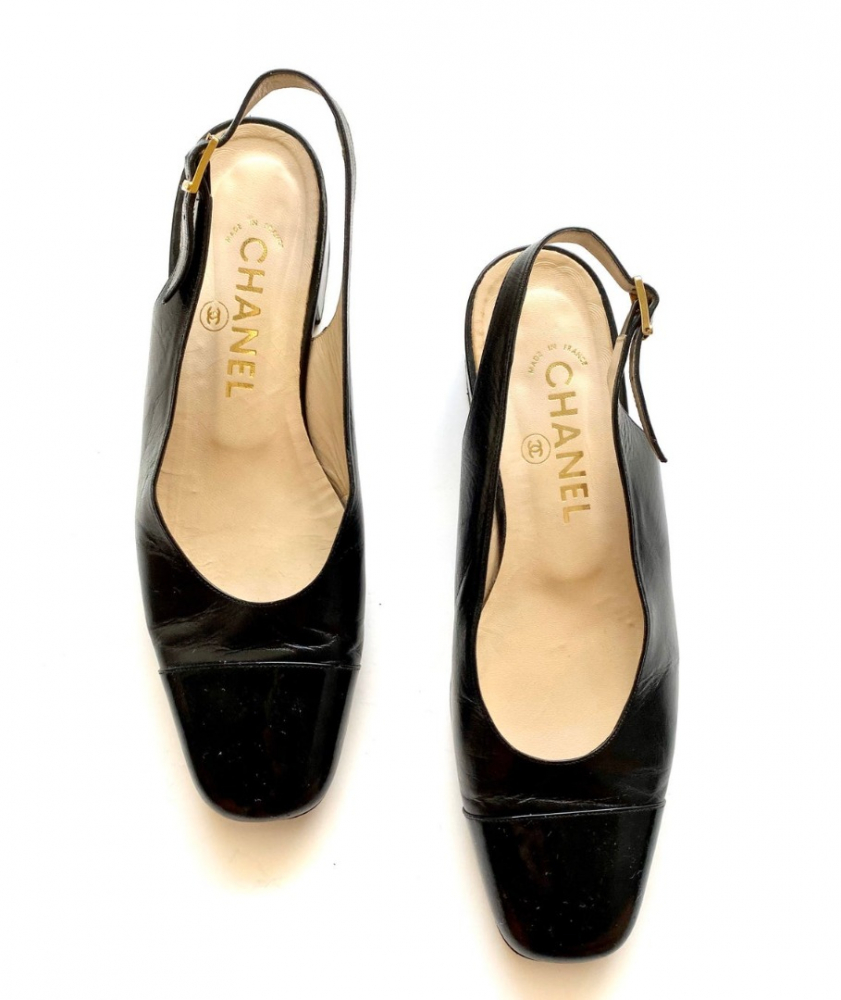 Gabrielle Classic Slingback Black Mule Gold Buckle Square Heels - Chanel