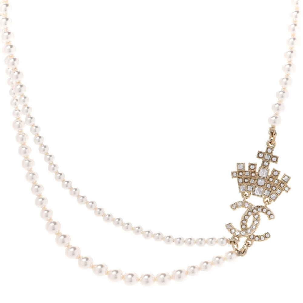 Pearl Crystal CC Crown Multi Strand Necklace Gold - Chanel |  MyPrivateDressing