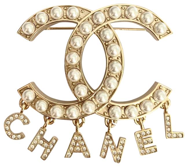 Gold Pearl Crystals Dangling Letters Brooch Chanel MyPrivateDressing