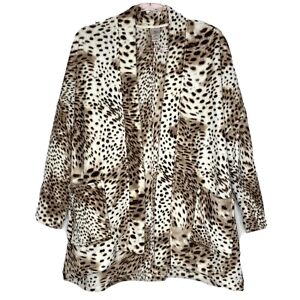Natori Fleece Brown/White Leopard Print Open Cardigan Jacket-Women L/XL