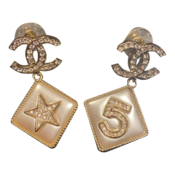 Earrings Rhinestone Coco Mark White Golden Chanel MyPrivateDressing