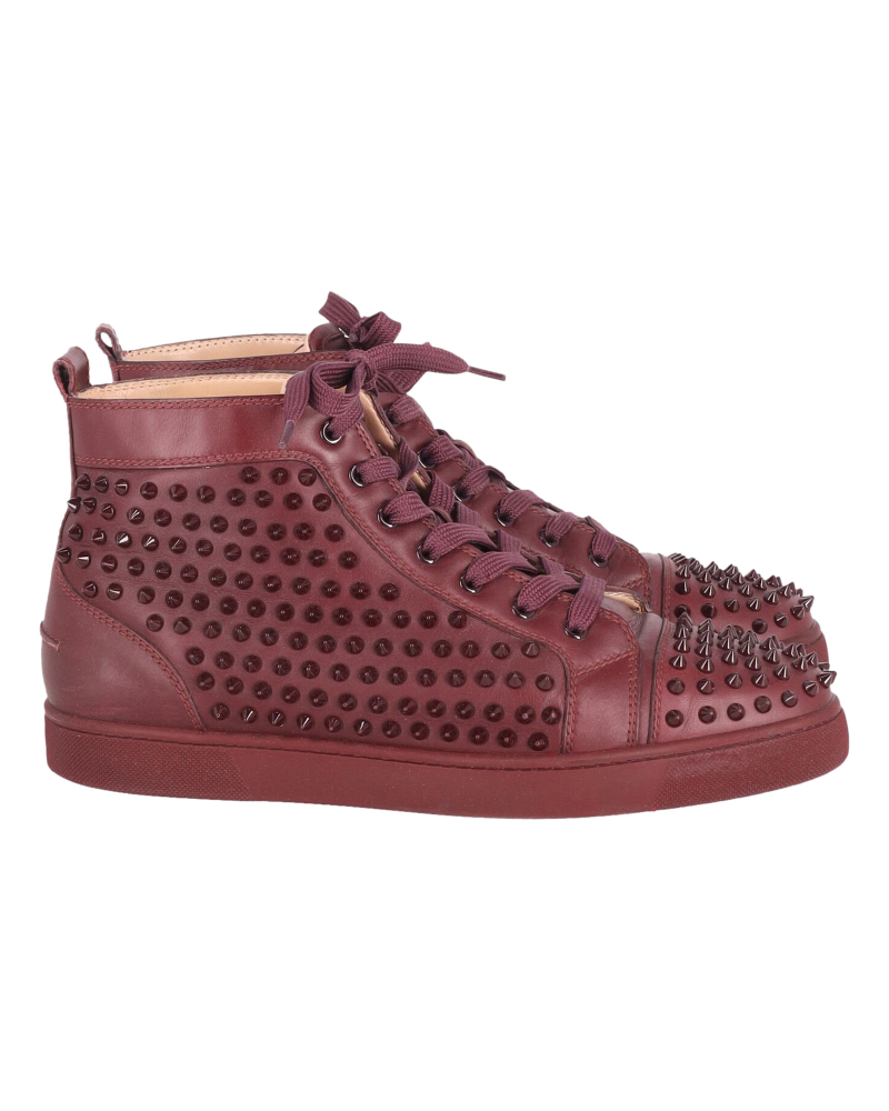 Christian Louboutin Spike Embellished High Top Sneakers in Burgundy Leather