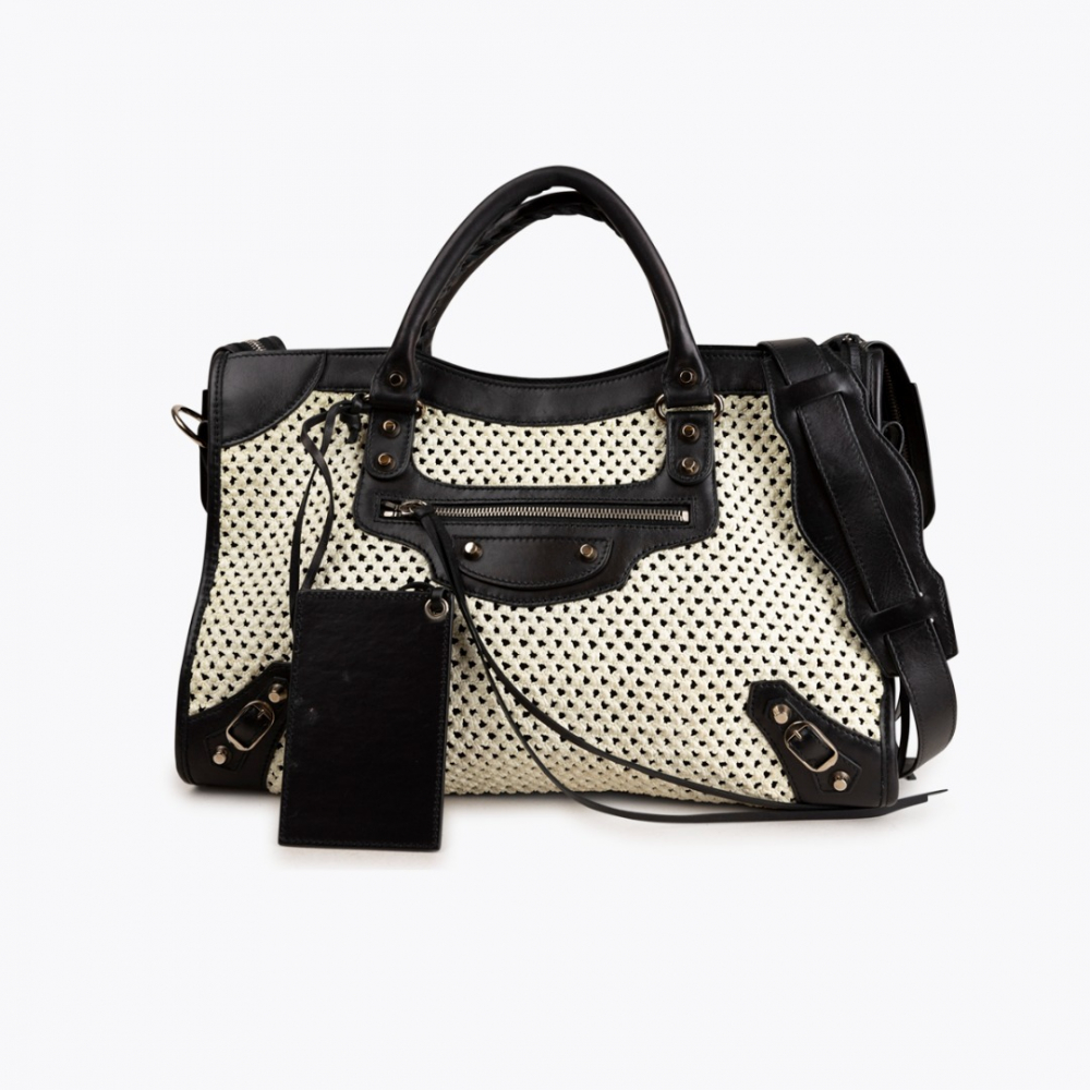 Woven Raffia City Motocross Classic Bag - Balenciaga