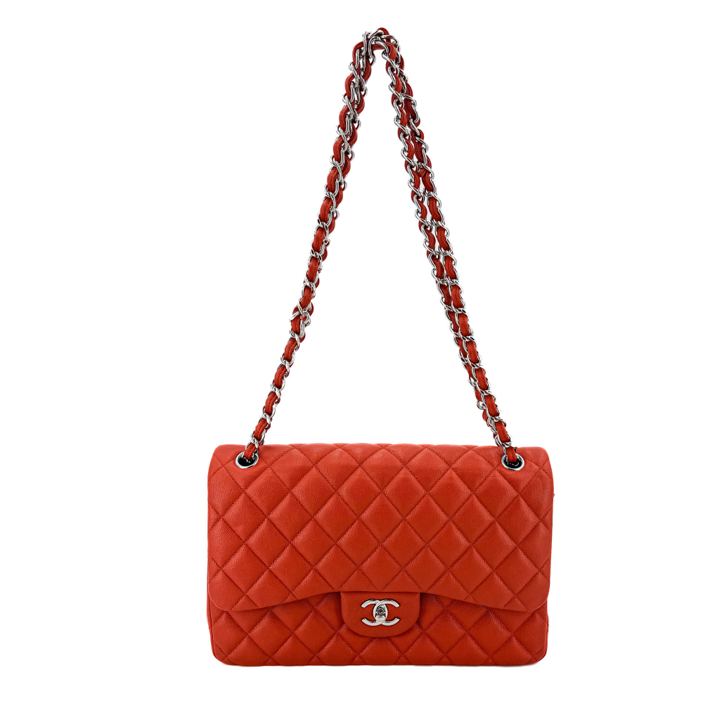 Chanel Classic Double Flap Jumbo Caviar Leather Chain Bag Orange