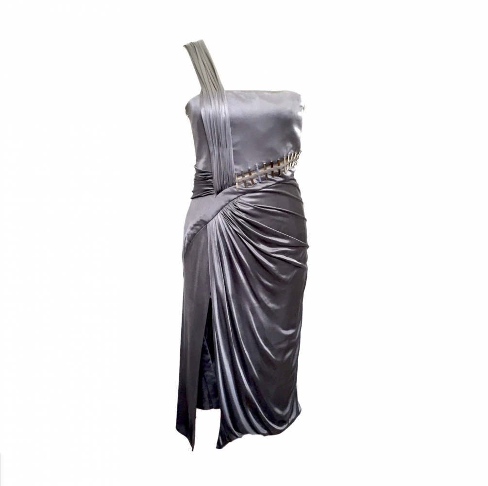 Versace one-sleeve silver cocktail dress with side split