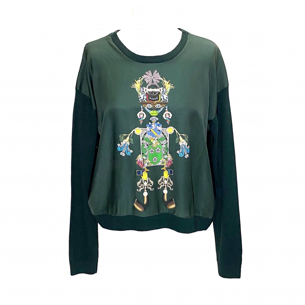 Mary Katrantzou pull in green wool-cashmere with silk print