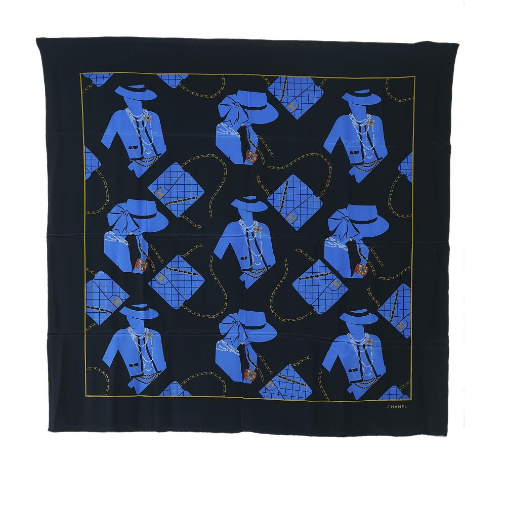 Chanel AB Chanel Black Silk Fabric Mademoiselle Scarf Italy