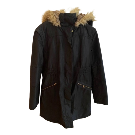 Ted Backer Classic black coat with a hood  lined with faux fur. 