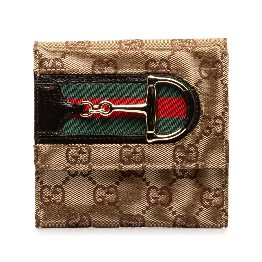 Gucci AB Gucci Brown Beige Canvas Fabric GG Web Hasler Small Wallet Italy