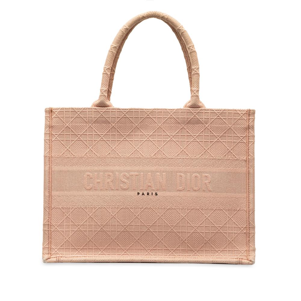 Christian Dior B Dior Pink Light Pink Canvas Fabric Medium Cannage Embroidered Book Tote Italy